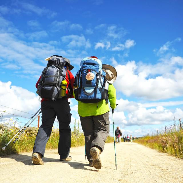 Couple of pilgrims on the Camino de Santiago, Spain