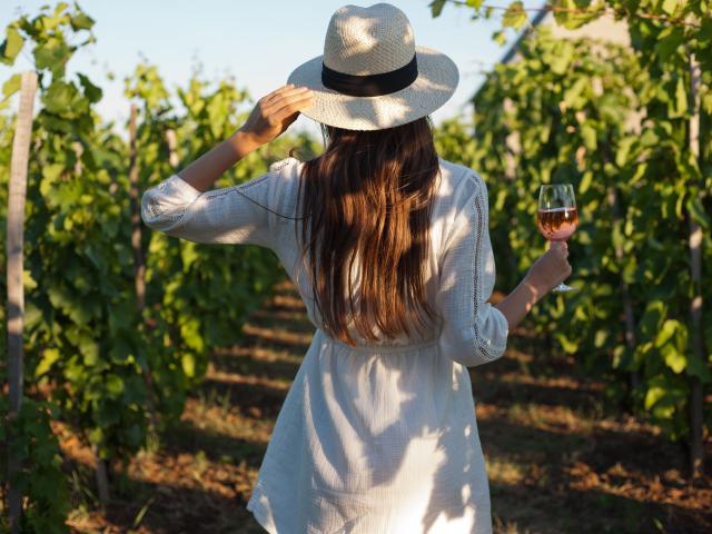 Portrait of a gorgeous brunette woman having wine fun in the vineyards.